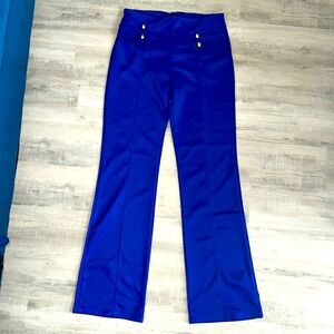 New wide leg royal blue pants with stretch, zipper to zip on back. Gold buttons